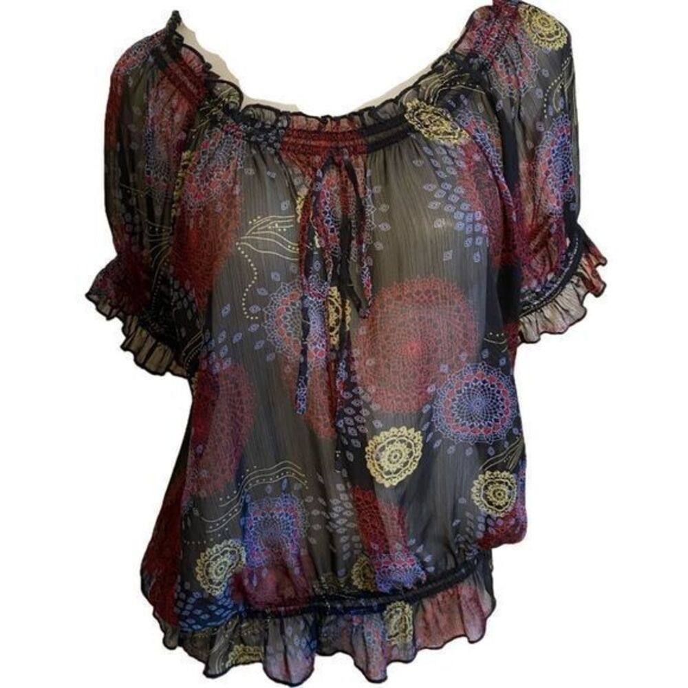 American Rag Cie Sheer Boho Top - S black /violet multi print , polyester